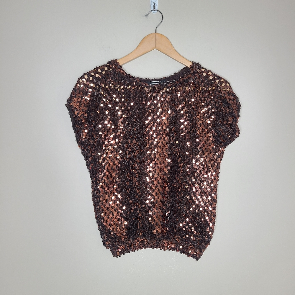 Vintage Toppettes‎ By A Brod Bronze Open Knit Sequin Top Size Medium